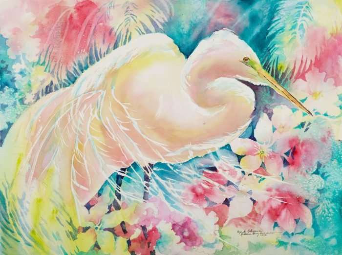 "Egret Elegance" watercolor by Vermont artist Kathleen Berry Bergeron
